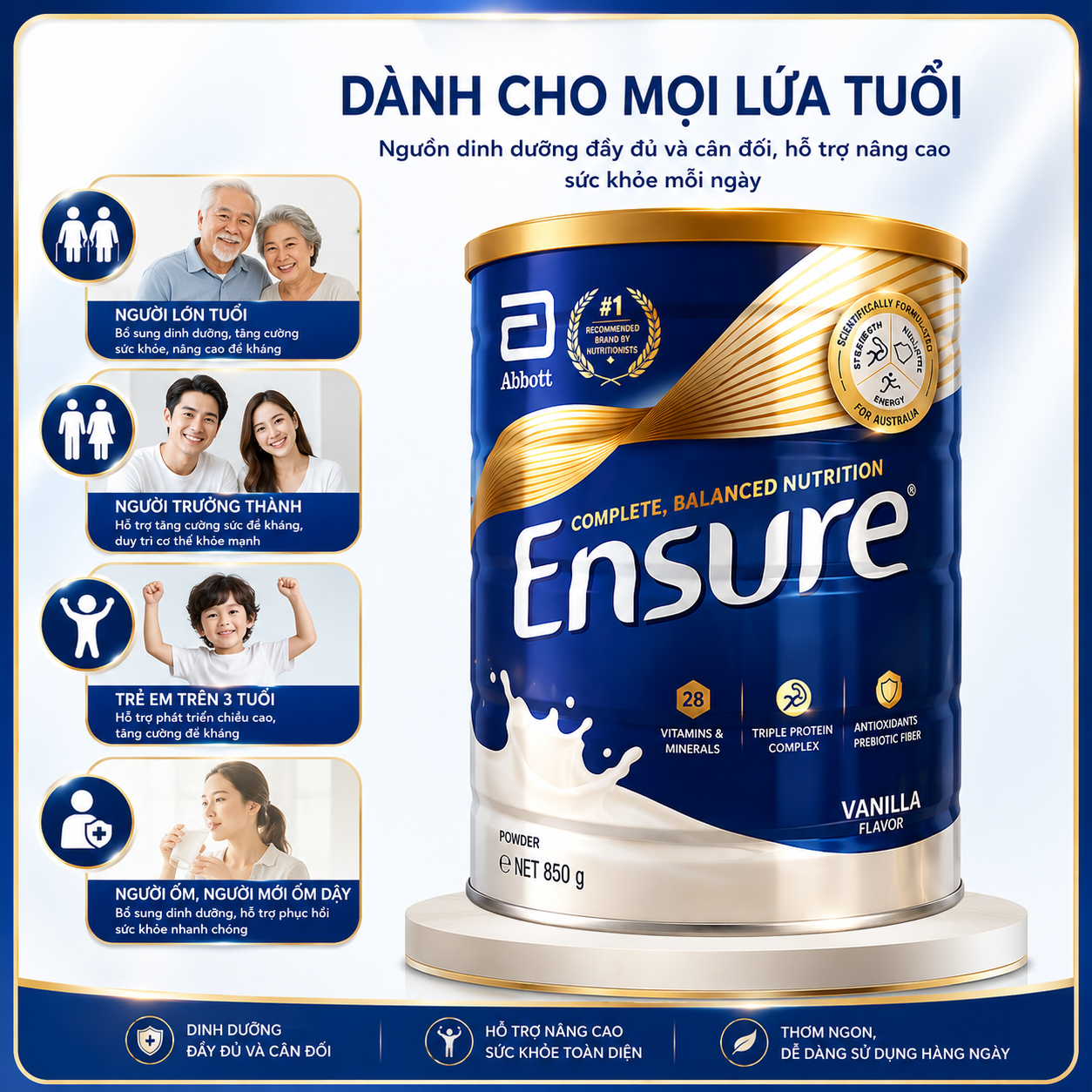 Sữa Abbott Ensure Powder Vanilla Sữa loại bột cho người lớn Úc (850g)