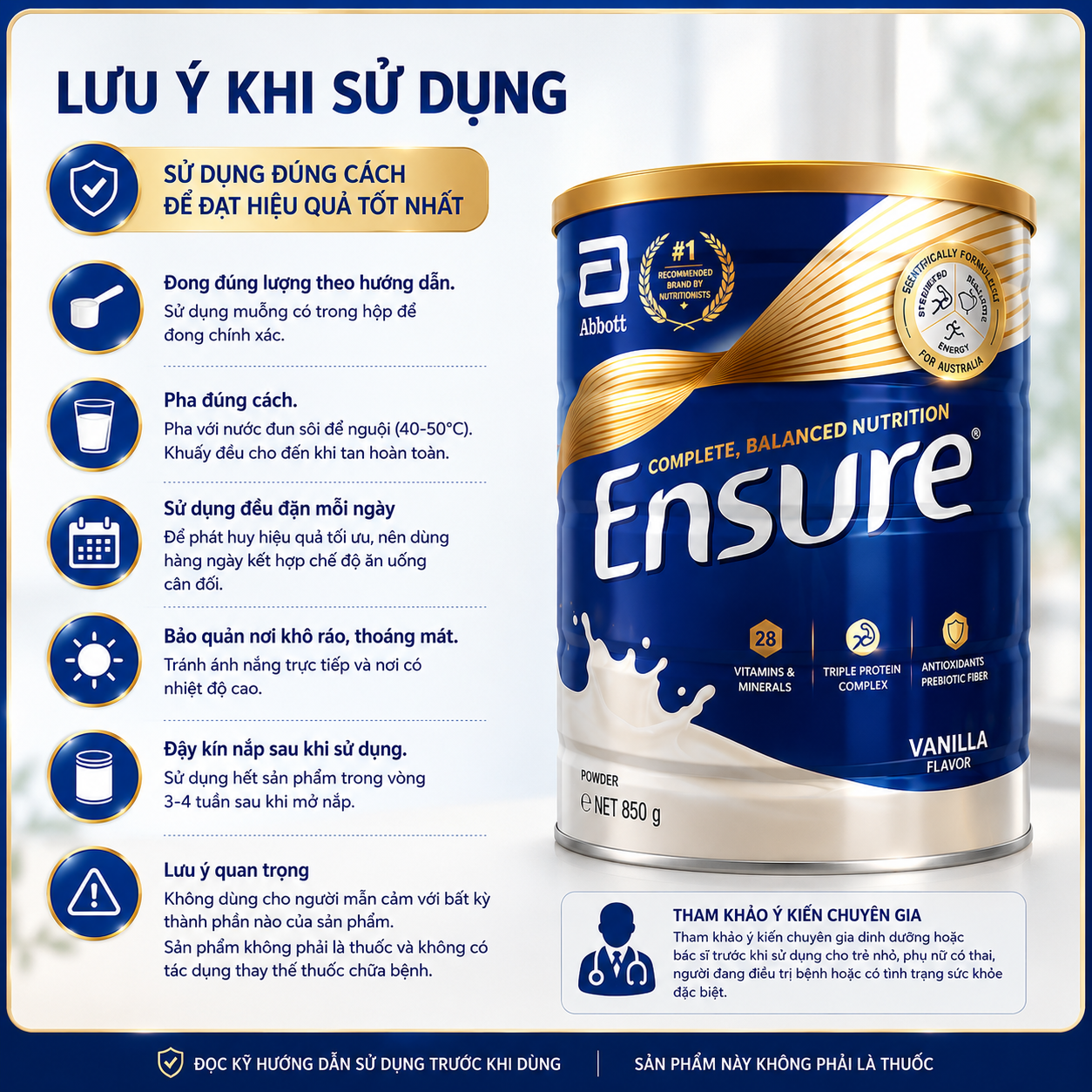 Sữa Abbott Ensure Powder Vanilla Sữa loại bột cho người lớn Úc (850g)