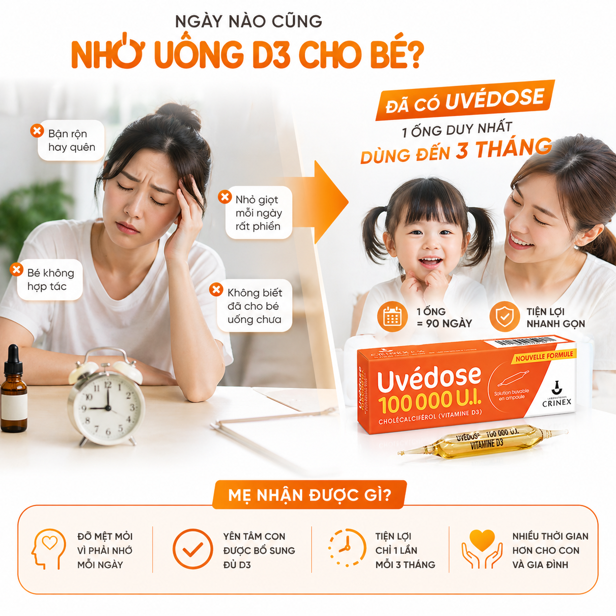 Uvedose 100000 Ul D3 Vitamin D ống liều cao cho bé từ 2 tuổi (2ml)