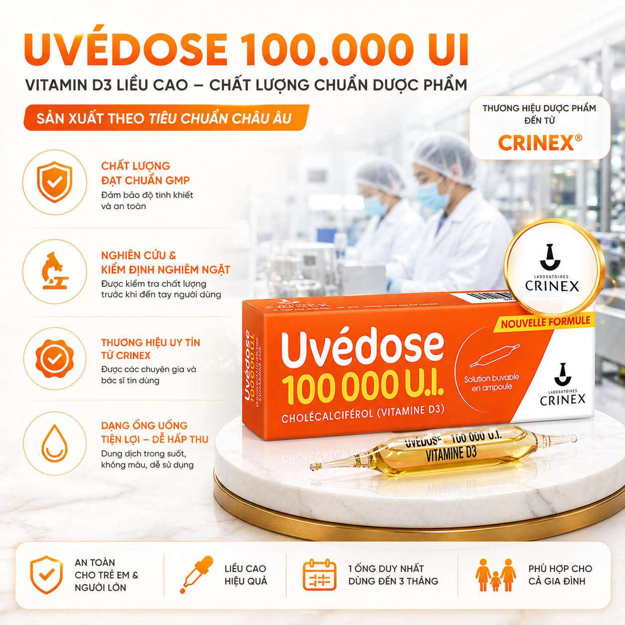 Uvedose 100000 Ul D3 Vitamin D ống liều cao cho bé từ 2 tuổi (2ml)