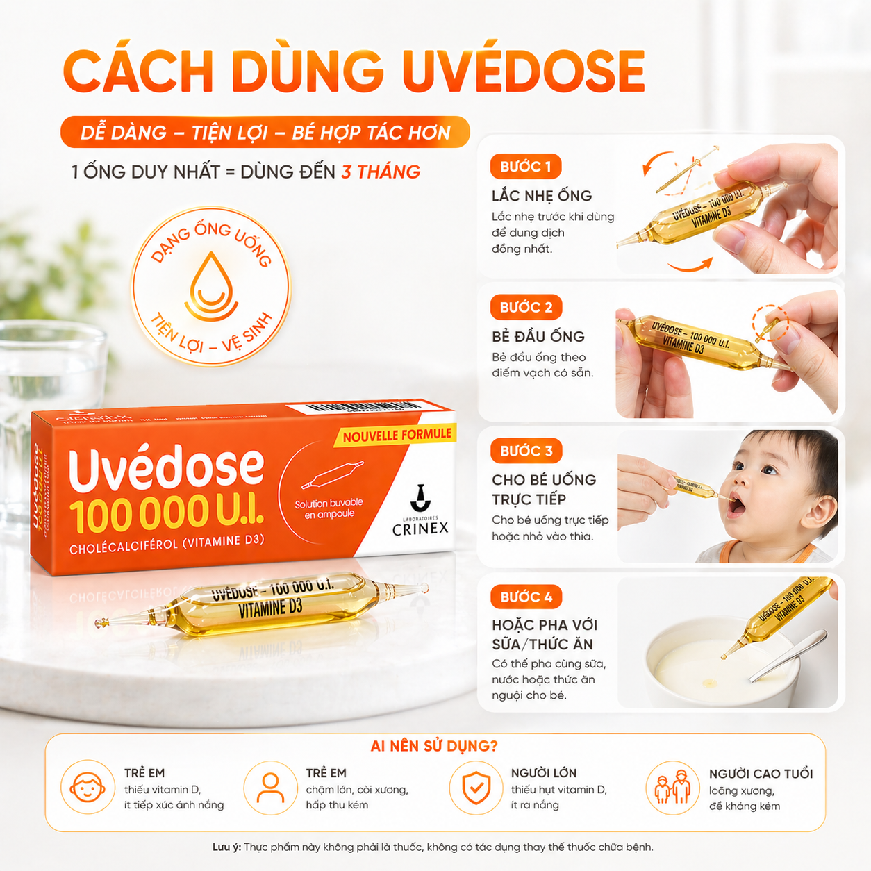 Uvedose 100000 Ul D3 Vitamin D ống liều cao cho bé từ 2 tuổi (2ml)