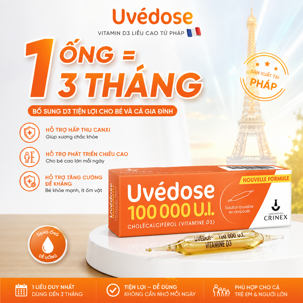 Uvedose 100000 Ul D3 Vitamin D ống liều cao cho bé từ 2 tuổi (2ml)