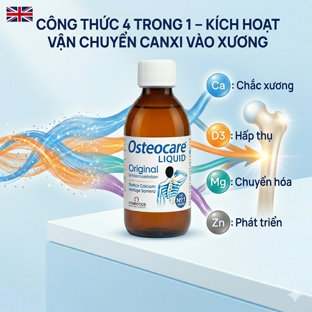 Vitabiotics Osteocare Liquid Siro Canxi nước bổ sung D3, Kẽm, UK (200ml)