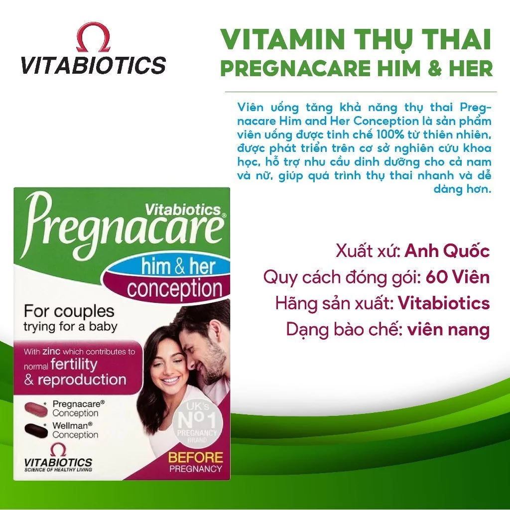 Vitabiotics Pregnacare Him and Her Conception Vitamin tăng thụ thai vợ chồng UK (84v)