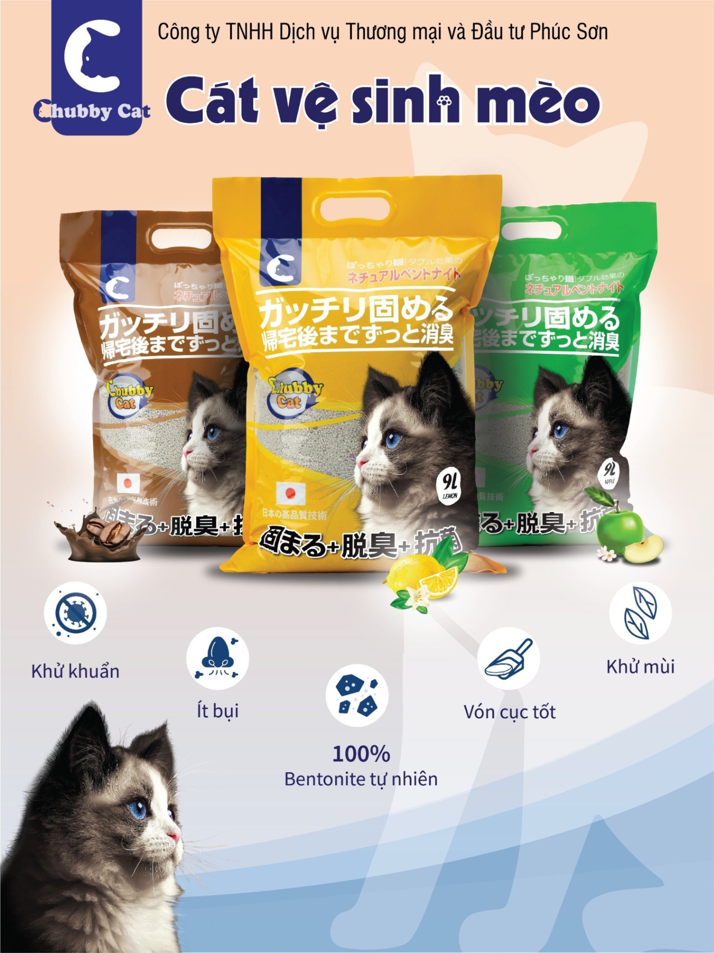 Cát vệ sinh Chubby Cat Bentonite Cat Litter túi 9L