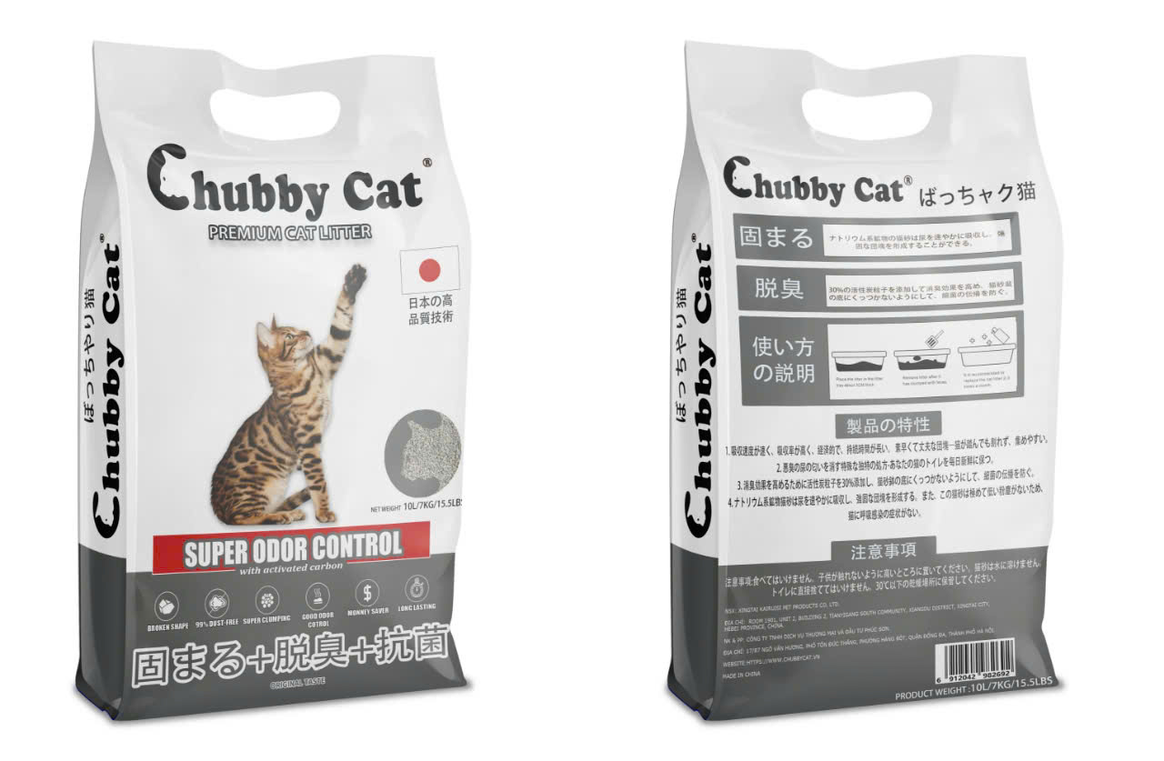 CHUBBY CAT Premium Cat Litter cát đá khoáng nghiền mix than hoạt tính nguyên chất Túi 10L/7Kg ít bụi, khử mùi mạnh, siêu vón cục