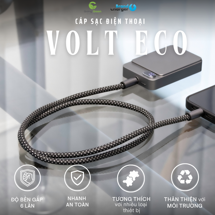 Cáp Sạc Nhanh Volt Eco BrandCharger 60W – USB-C to USB-C, Tái Chế, Siêu Bền