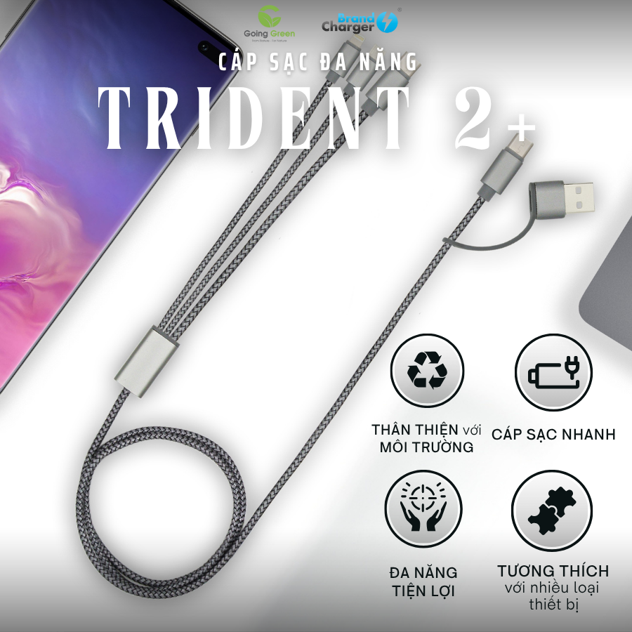 Cáp Sạc Trident 2+ BrandCharger – 3 Trong 1, Tái Chế, Siêu Bền