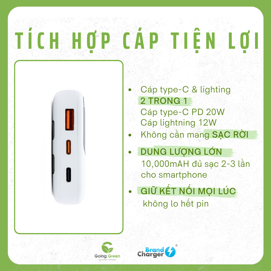 Pin Sạc Dự Phòng Powercharge 10000 Eco BrandCharger – 10000mAh, Tích Hợp Cáp, Tái Chế