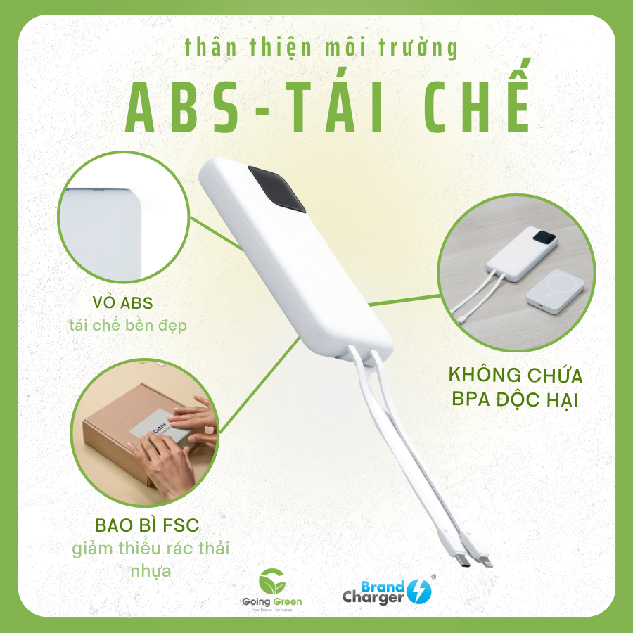 Pin Sạc Dự Phòng Powercharge 10000 Eco BrandCharger – 10000mAh, Tích Hợp Cáp, Tái Chế