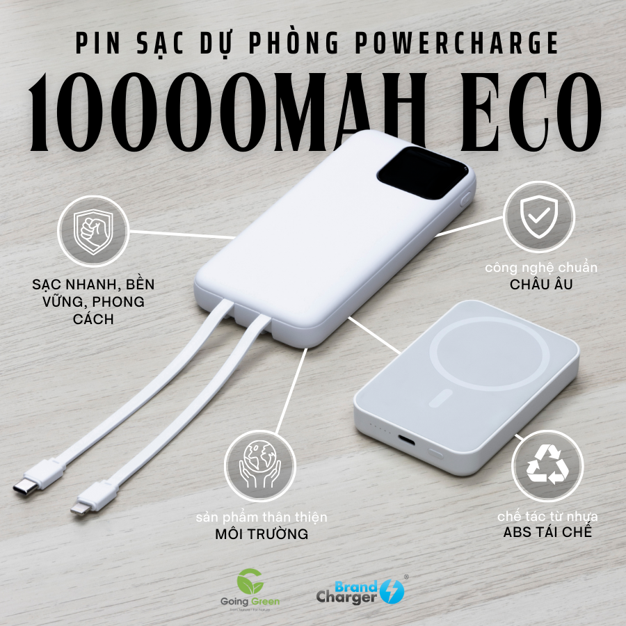 Pin Sạc Dự Phòng Powercharge 10000 Eco BrandCharger – 10000mAh, Tích Hợp Cáp, Tái Chế