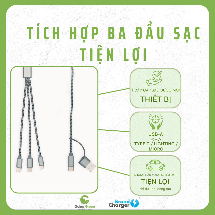 Cáp Sạc Trident 2+ BrandCharger – 3 Trong 1, Tái Chế, Siêu Bền