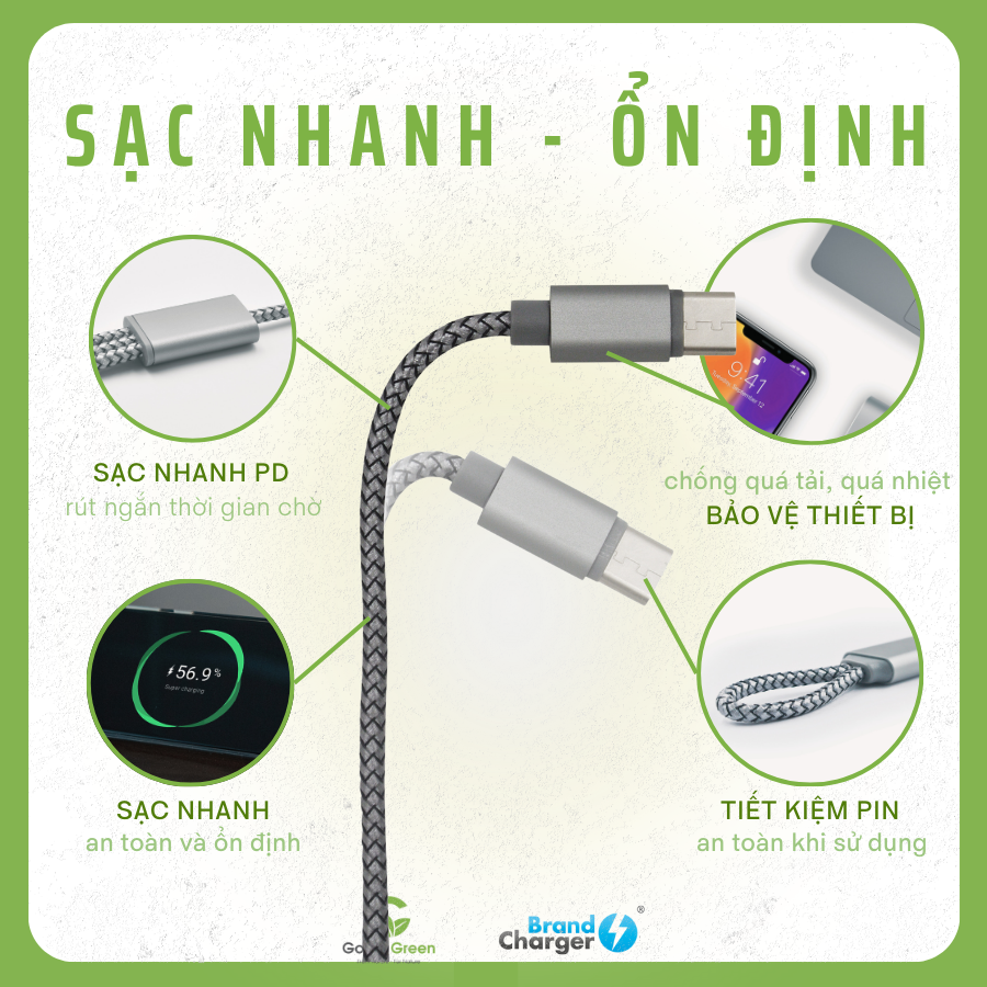 Cáp Sạc Trident 2+ BrandCharger – 3 Trong 1, Tái Chế, Siêu Bền