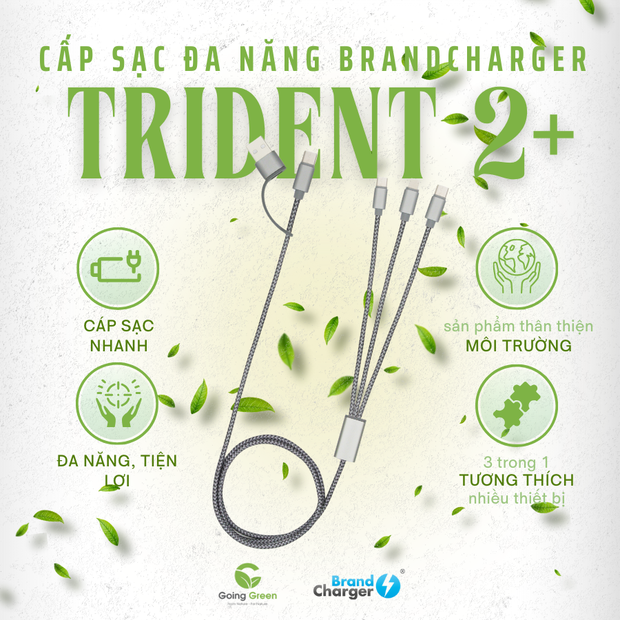 Cáp Sạc Trident 2+ BrandCharger – 3 Trong 1, Tái Chế, Siêu Bền