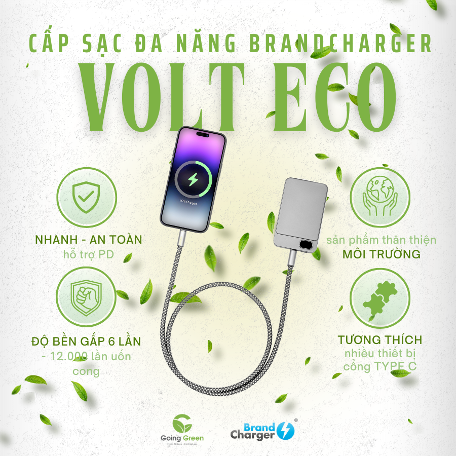 Cáp Sạc Nhanh Volt Eco BrandCharger 60W – USB-C to USB-C, Tái Chế, Siêu Bền