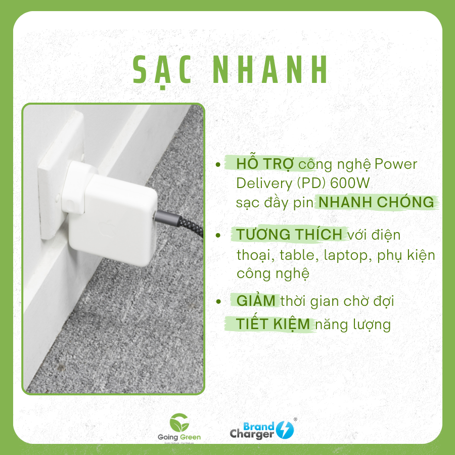Cáp Sạc Nhanh Volt Eco BrandCharger 60W – USB-C to USB-C, Tái Chế, Siêu Bền