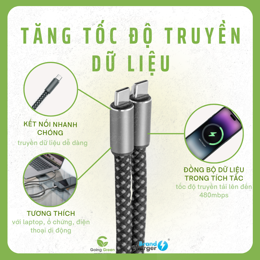 Cáp Sạc Nhanh Volt Eco BrandCharger 60W – USB-C to USB-C, Tái Chế, Siêu Bền