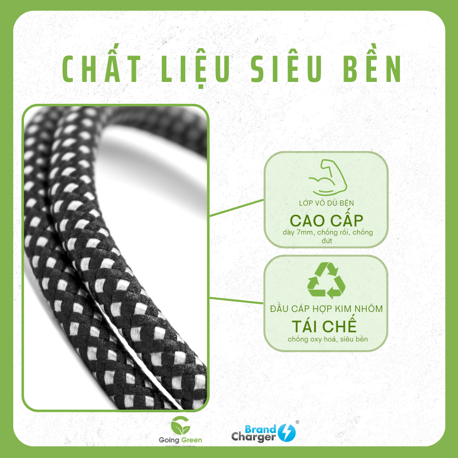 Cáp Sạc Nhanh Volt Eco BrandCharger 60W – USB-C to USB-C, Tái Chế, Siêu Bền