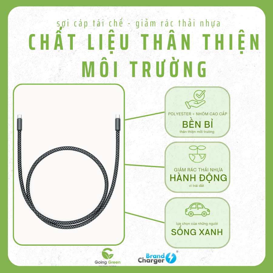 Cáp Sạc Nhanh Volt Eco BrandCharger 60W – USB-C to USB-C, Tái Chế, Siêu Bền