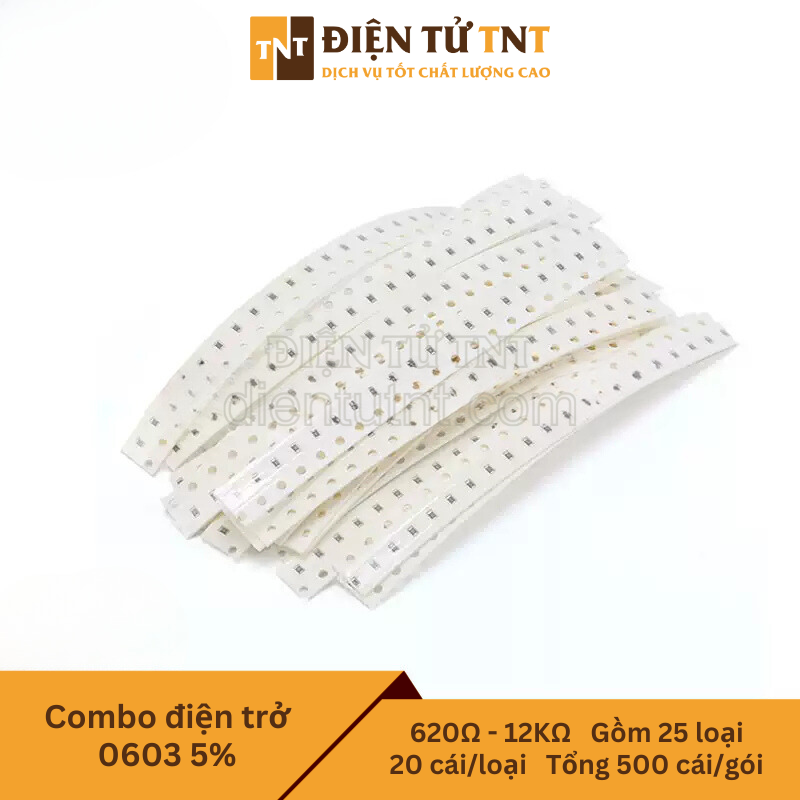 Combo điện trở dán 0603 – từ 620Ω đến 12KΩ, sai số 5%, gồm 25 giá trị, mỗi loại 20 con, tổng 500 con