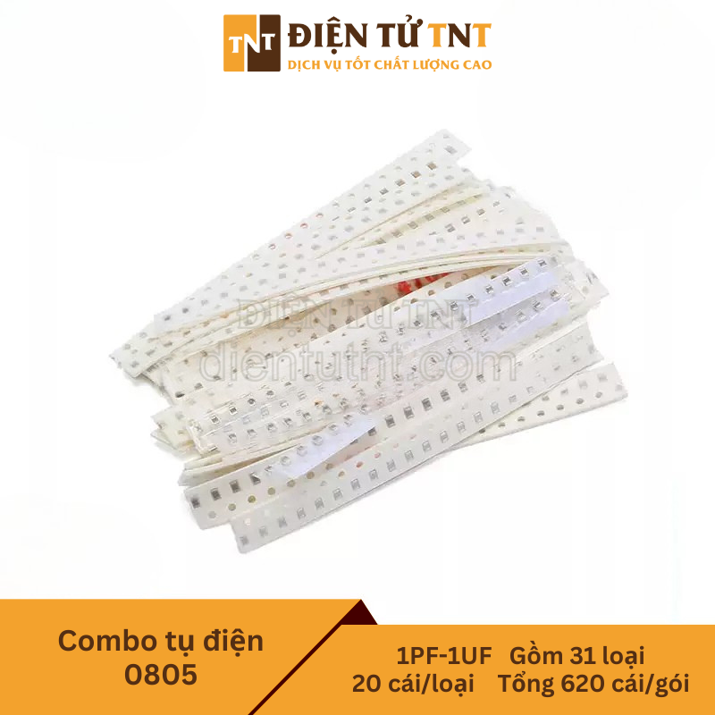 Combo tụ điện dán 0805 – từ 1pF đến 1µF, gồm 31 giá trị thông dụng, mỗi loại 20 con, tổng 620 con