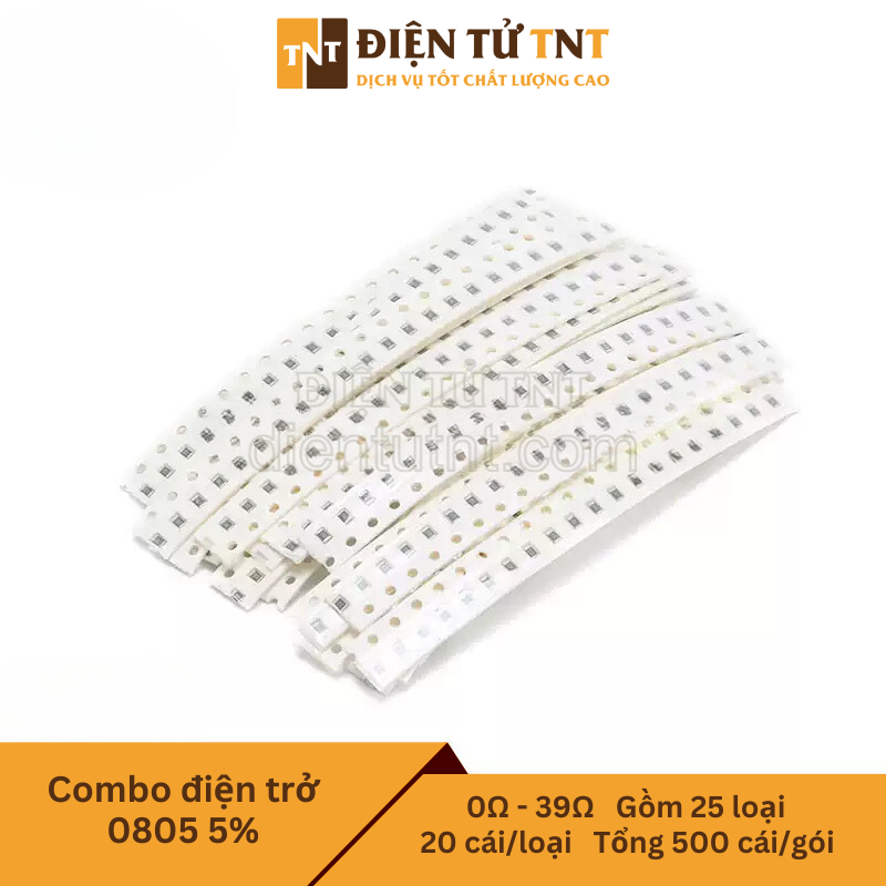 Combo điện trở dán 0805 – từ 0Ω đến 39Ω, sai số 5%, gồm 25 giá trị, mỗi loại 20 con, tổng 500 con