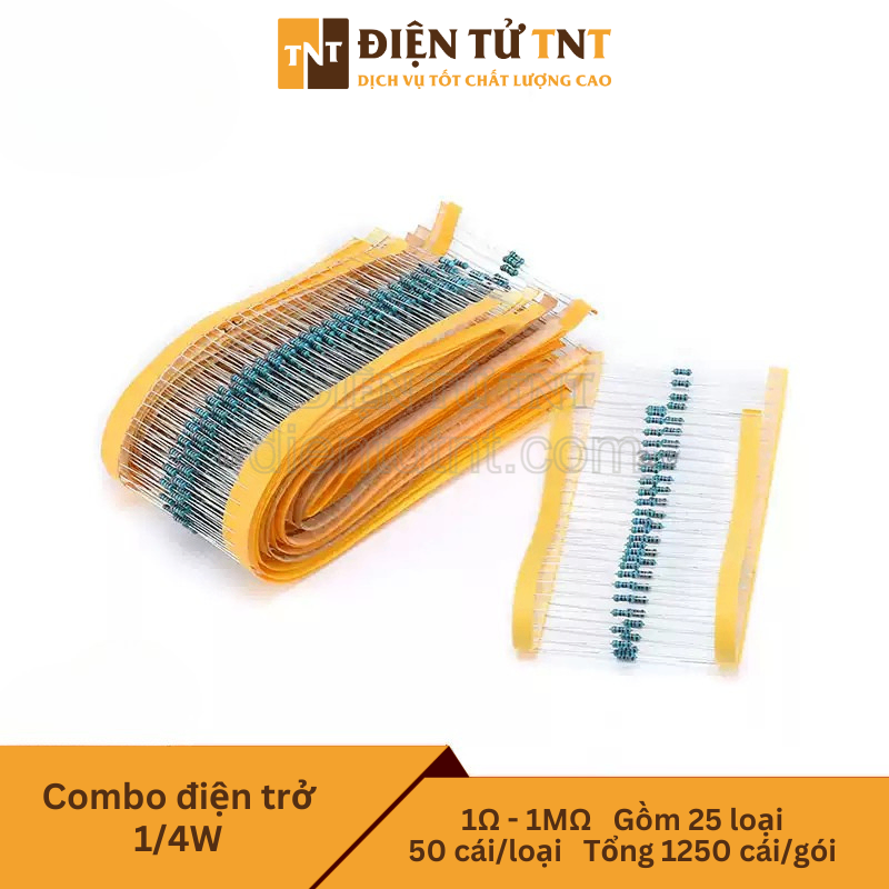 Combo điện trở 5 vòng màu 1/4W ±1% – từ 1Ω đến 1MΩ, gồm 25 giá trị, mỗi loại 50 con, tổng 1250 con
