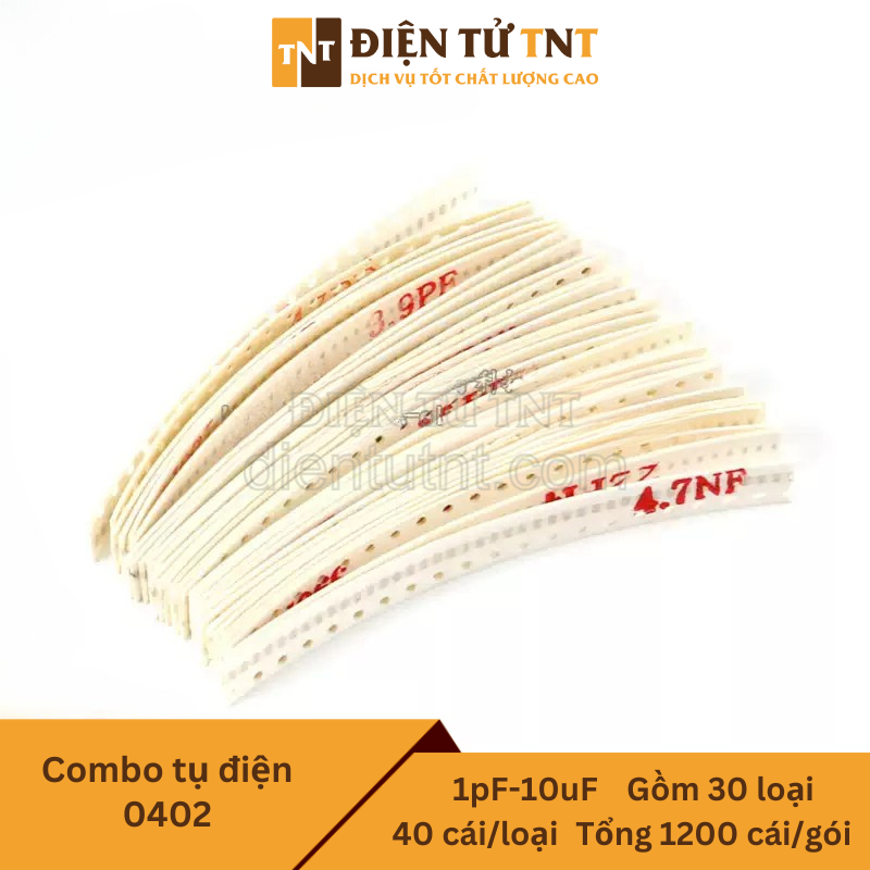 Combo tụ điện dán 0402 (1pF đến 10µF), gồm 30 loại, tổng cộng 1200 con