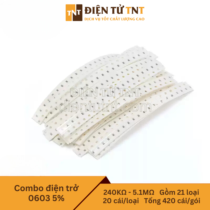 Combo điện trở dán 0603 – từ 240KΩ đến 5.1MΩ, sai số 5%, gồm 21 giá trị, mỗi loại 20 con, tổng 420 con
