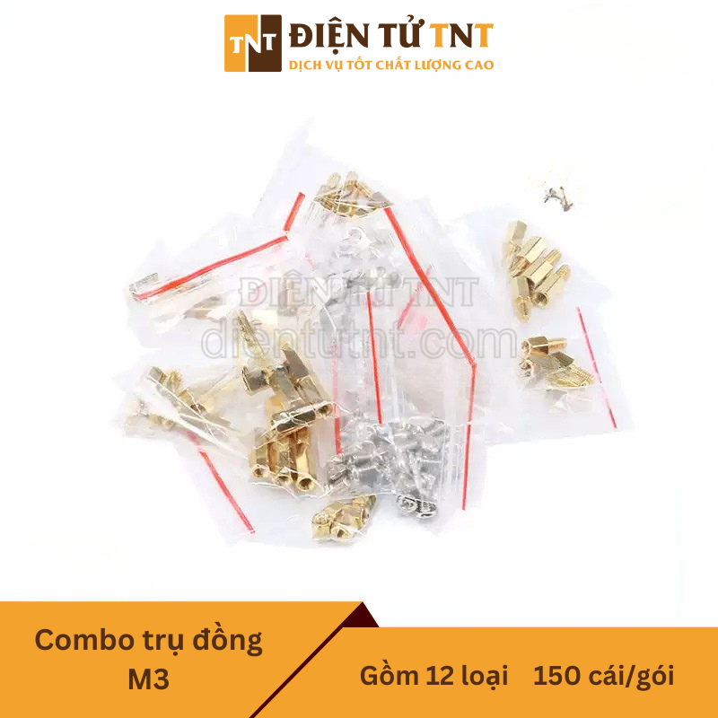 Combo phụ kiện trụ đồng M3 thông dụng – M3×5/6/8/10/12/15mm kèm ốc vít và đai ốc M3, tổng cộng 12 loại