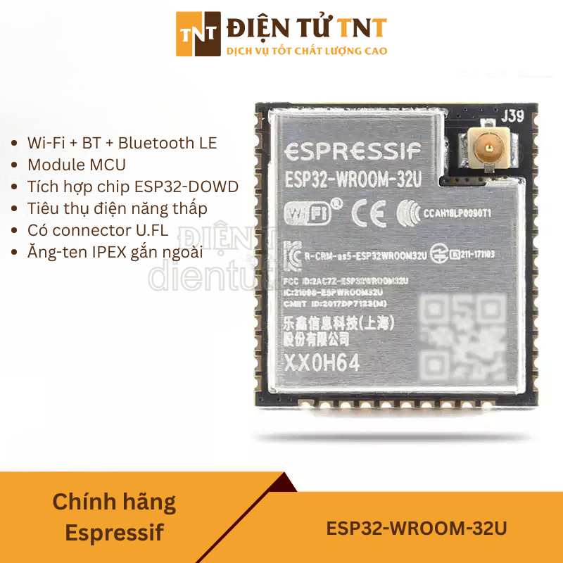 ESP32-WROOM-32U chính hãng – Module MCU lõi kép tích hợp WiFi & Bluetooth, hỗ trợ anten ngoài cho ứng dụng IoT