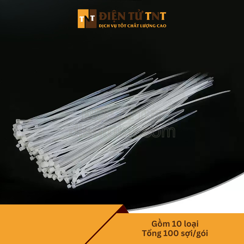 Combo dây rút nhựa – có 10 kích thước (3×60/80/100/120/150/200mm, 4×150/200/250mm, 5×250mm), mỗi loại 10 sợi, tổng cộng 100 sợi