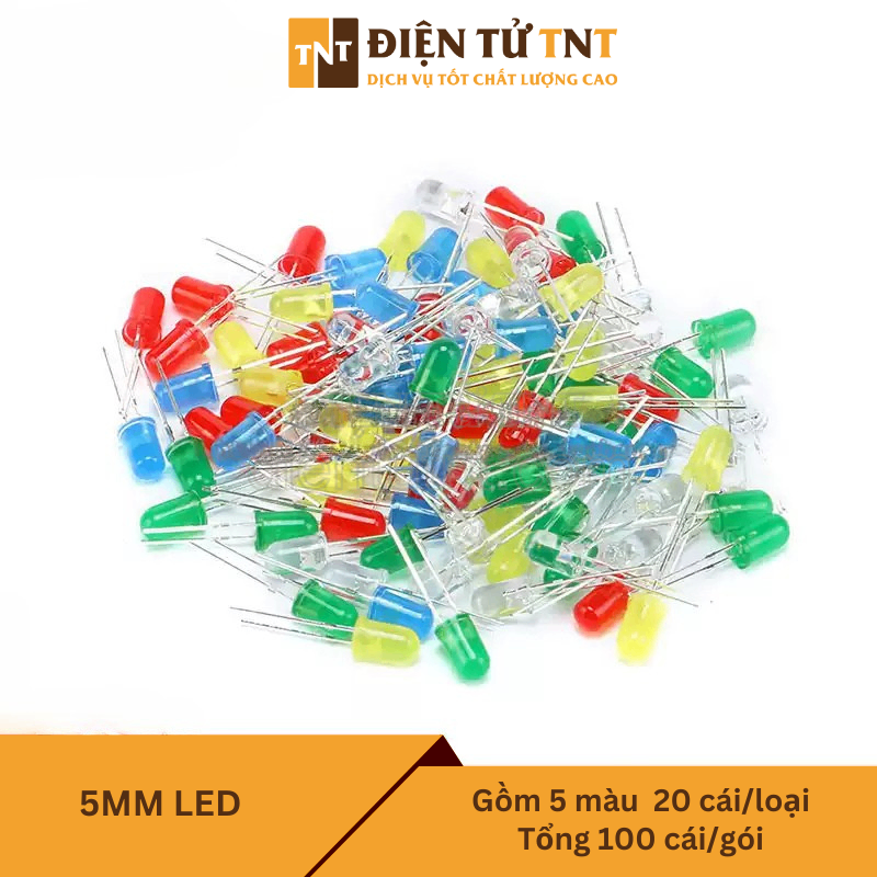 Combo LED 5mm – đỏ, xanh lá, vàng, xanh dương, trắng, gồm 5 loại, mỗi loại 20 con, tổng cộng 100 con