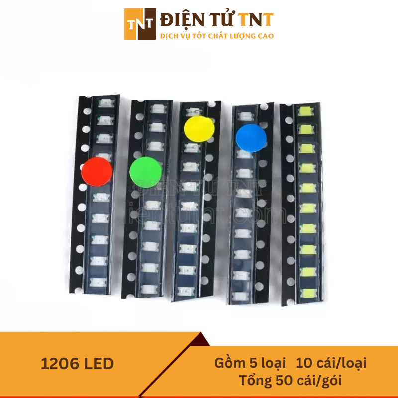Combo LED SMD 1206 – đỏ, xanh dương, xanh lá, vàng, trắng, gồm 5 loại, mỗi loại 10 con
