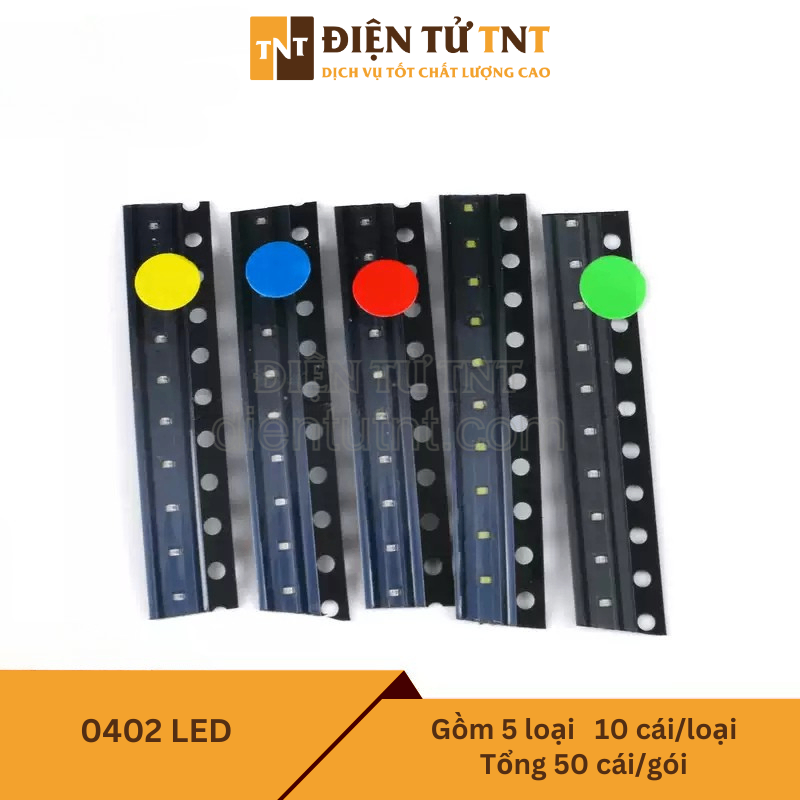 Combo LED SMD 0402 – đỏ, xanh dương, xanh lá, vàng, trắng, gồm 5 loại, mỗi loại 10 con