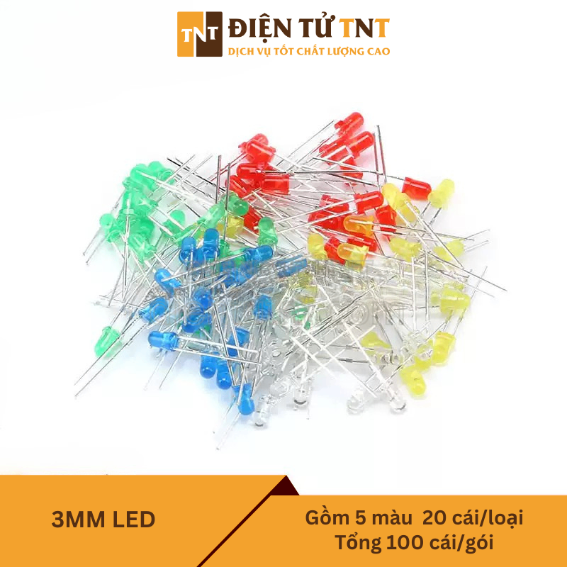 Combo LED 3mm – đỏ, xanh lá, vàng, xanh dương, trắng, gồm 5 loại, mỗi loại 20 con, tổng cộng 100 con