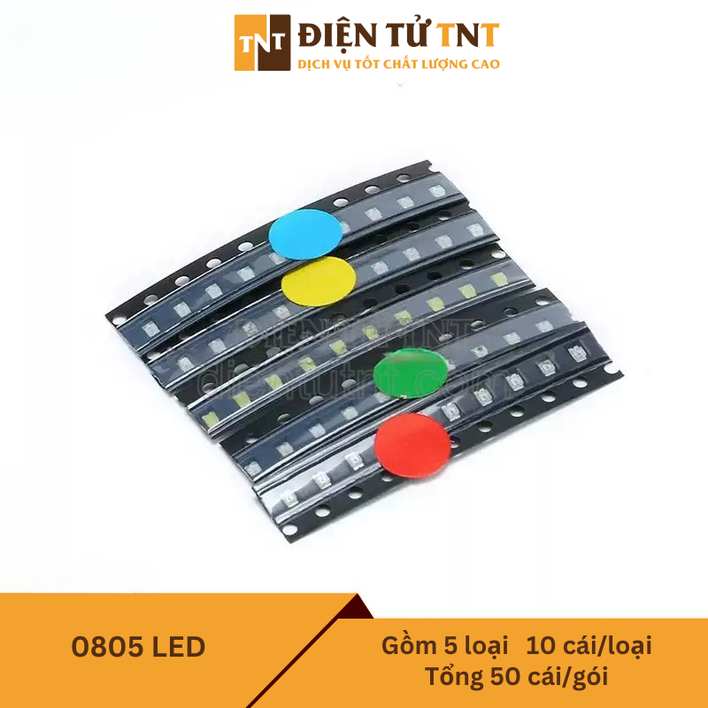Combo LED SMD 0805 – đỏ, xanh dương, xanh lá, vàng, trắng, gồm 5 loại, mỗi loại 10 con