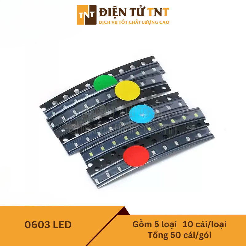 Combo LED SMD 0603 – đỏ, xanh dương, xanh lá, vàng, trắng, gồm 5 loại, mỗi loại 10 con