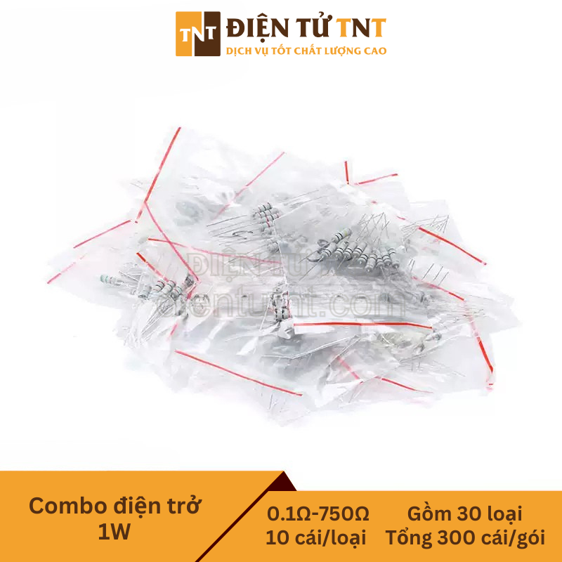 Combo điện trở màng carbon 1W – từ 0.1Ω đến 750Ω, gồm 30 giá trị điện trở thông dụng, mỗi loại 10 con