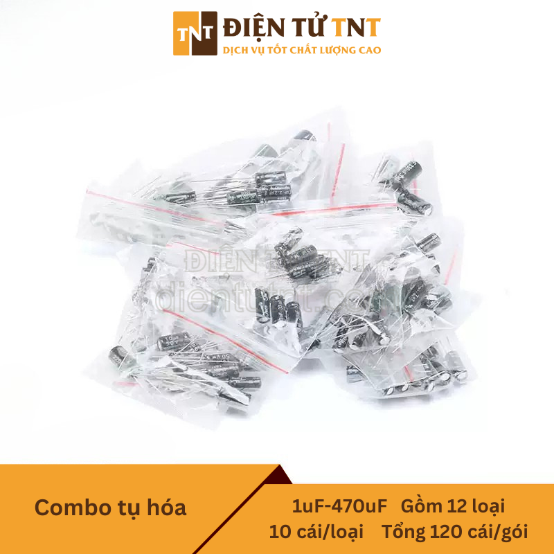 Combo tụ hóa– từ 1µF đến 470µF, gồm 12 giá trị, mỗi loại 10 con, tổng 120 con