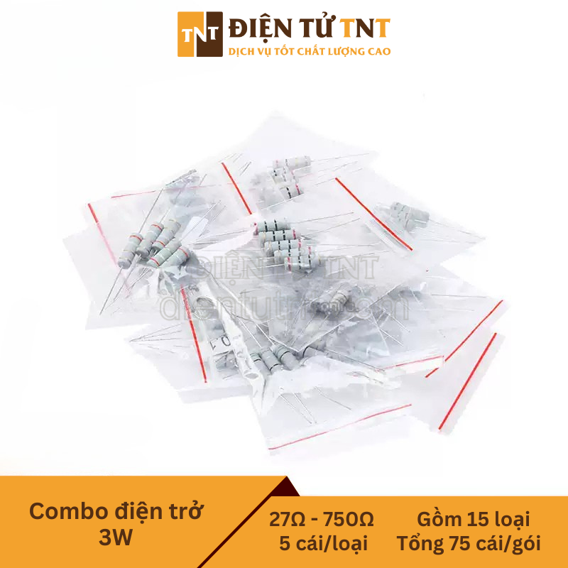 Combo điện trở màng carbon 3W – từ 27Ω đến 750Ω, gồm 15 giá trị điện trở thông dụng, mỗi loại 5 con