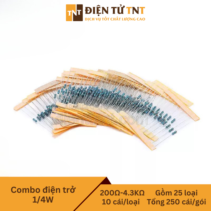 Combo điện trở 5 vòng màu 1/4W – từ 200Ω đến 4.3KΩ, gồm 25 giá trị, mỗi loại 10 con, tổng 250 con