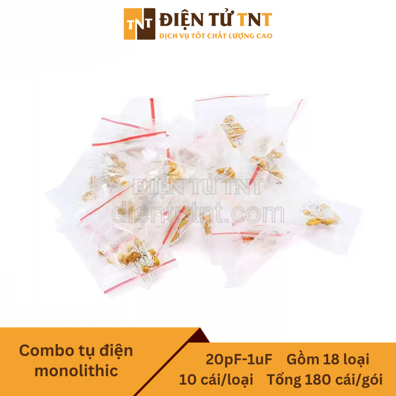 Combo tụ điện monolithic – từ 20pF đến 1µF, 50V, gồm 18 giá trị, mỗi loại 10 con, tổng 180 con