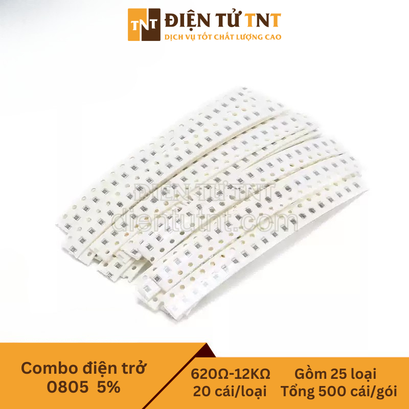 Combo điện trở dán 0805 – từ 620Ω đến 12KΩ, sai số 5%, gồm 25 giá trị, mỗi loại 20 con, tổng 500 con