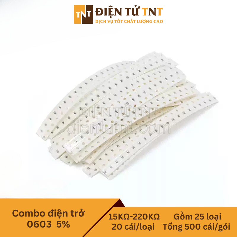 Combo điện trở dán 0603 – từ 15KΩ đến 220KΩ, sai số 5%, gồm 25 giá trị, mỗi loại 20 con, tổng 500 con