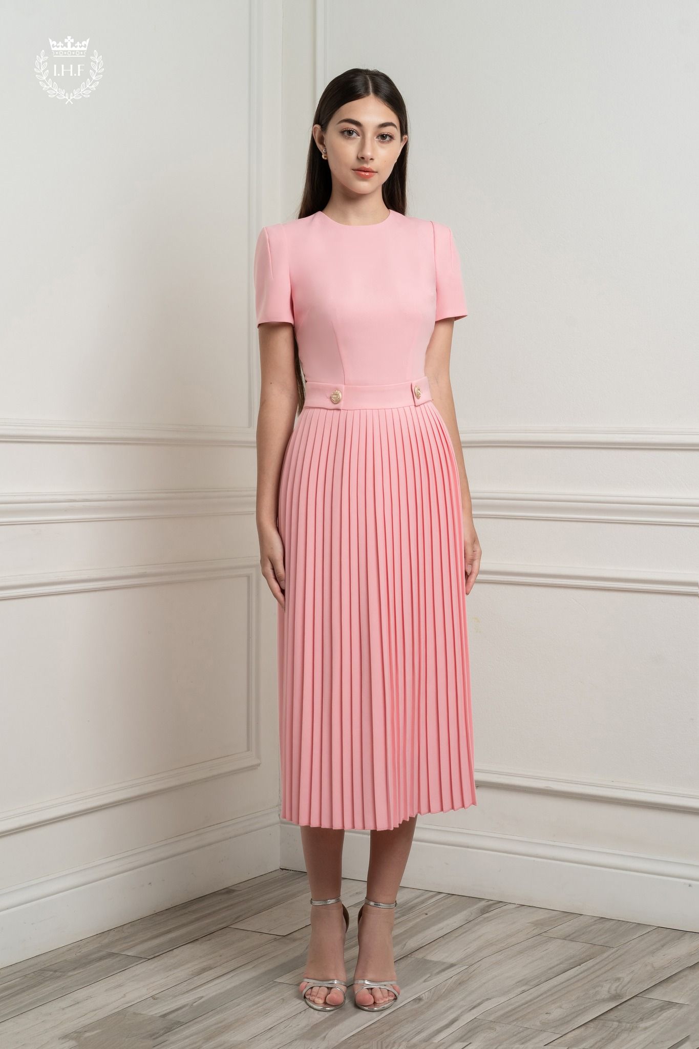 Strawberry pleated A line middi dress with waist tab