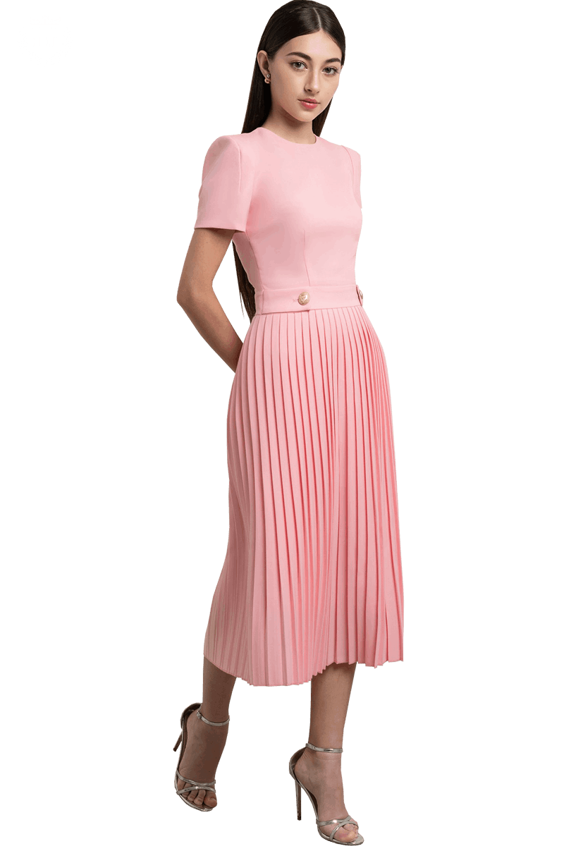 Strawberry pleated A line middi dress with waist tab