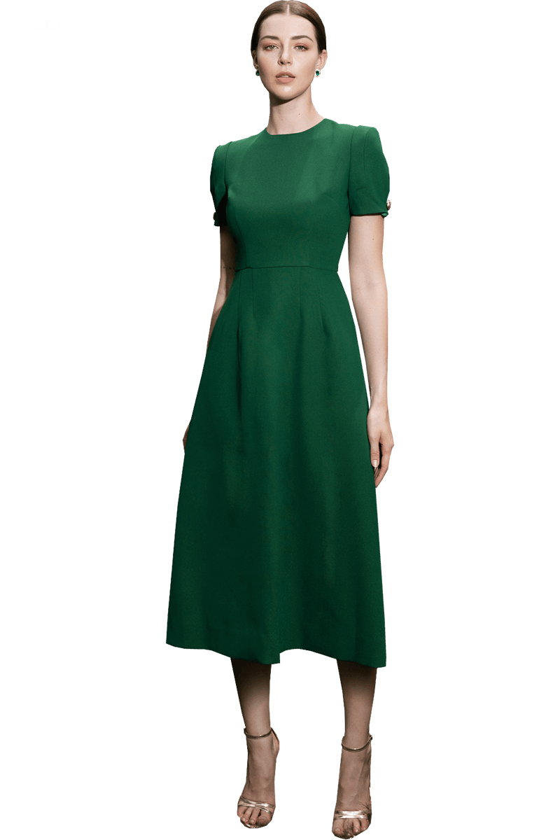 Dark Green A line midi dress tab sleeve