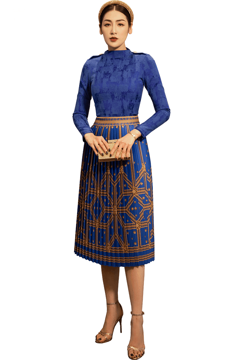 Cobalt Turtle Neck Midnight Sky Ceiling Printed Pleated A line Midi Dress