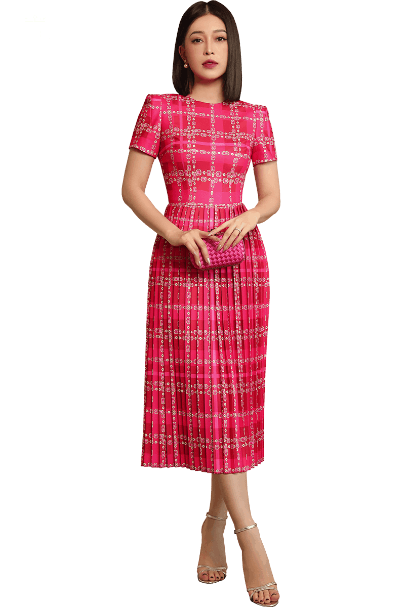 Gems on Pink Tartan Pleated Dress